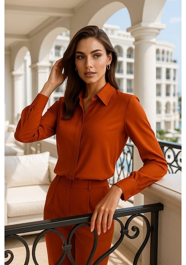 Kadın Kiremit Gizli Düğme Detaylı Slim Fit Trend Krep Gömlek Çok Renkli