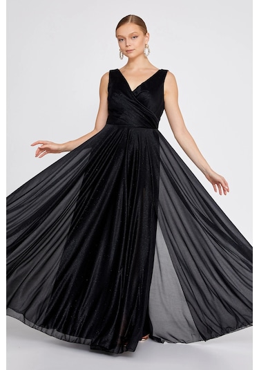 Doridorca Kadın Büyük Beden Sim Detaylı Kolsuz Maxi Abiye Elbise 6111 Siyah Siyah