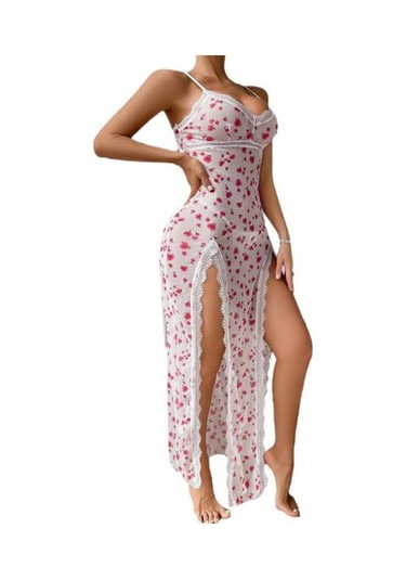 Kadın Seksi Gecelikler Kiraz Baskılı Dantel Detaylı Derin V Yaka Gömlek Gecelik Şeffaf Yan Yırtmaçlı Gecelik Beyaz