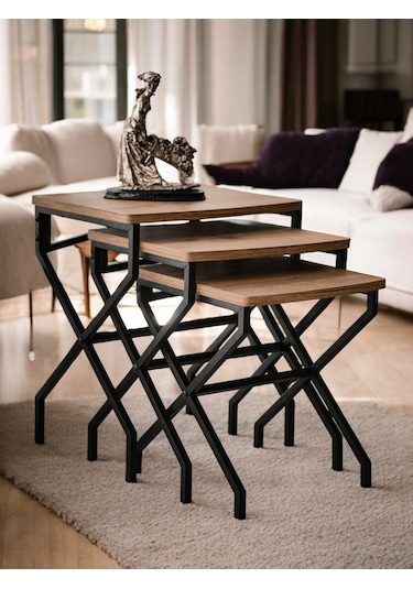 3 Lü Zigon Sehpa Metal Ayaklı Çam Ahşap Kare Misafir Sehpası