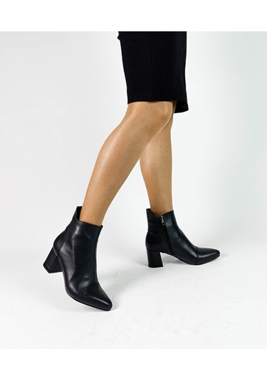 Hakiki Deri Siyah Mat Renk Fermuarlı Kalın Topuk Kadın Bot Bordo