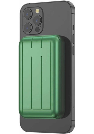 Led Göstergeli Kablosuz Magsafe Uyumlu 10000 Mah Powerbank Usb Ve Type-c Portlu, Wireless 5w Şarj Yeşil