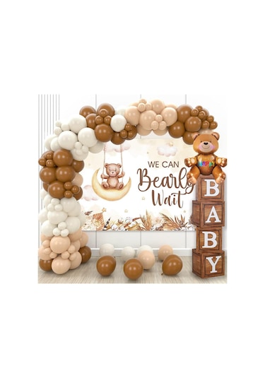 Oyuncak Ayı Temalı Baby Shower Set Ahşap Görünümlü Baby Kutu Ve Retro Balon Zincir Set