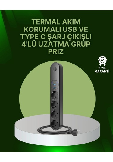 Ceylan Adam 4 Priz 2 Usb 1 Type-c Akım Korumalı Çoklu Priz Led Anahtarlı Standart