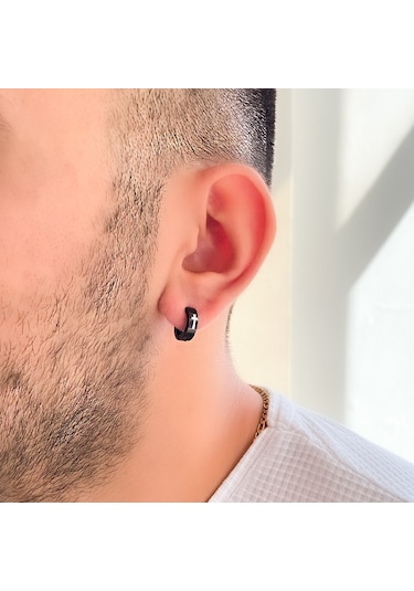 FerizZ 316L Çelik Siyah Halka Haç Detaylı Küpe UNK-666 Beyaz