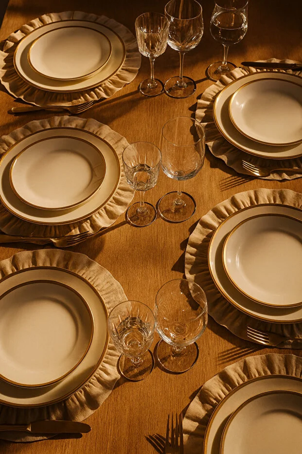 Yunusoğlu Home Pamuklu Fırfırlı Supla 6'lı Set Amerikan Servis 33 Cm Çap Supla 6'lı Bej