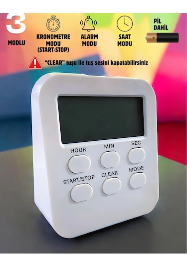 Öğrenci Ders Çalışma Saati Kronometreli Araç Saati Mutfak Bozdolabı Magnet Saat Zamanlayıcı Beyaz
