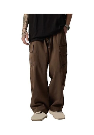 Çok Cepli Amerikan Tarzı Düz Geniş Paça Gevşek Bağcıklı Elastik Bel Erkek Kargo Pantolon Seyahat Günlük Kullanım İçin Sokak Pantolonu Kahverengi