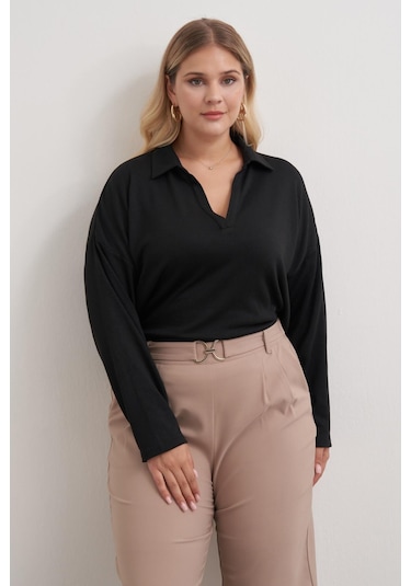 Polo Yaka Triko Bluz-3363 Siyah