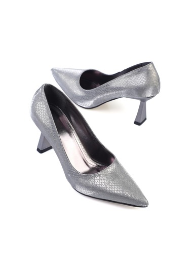 Shoetek Luana Kadın Stiletto Kroko Desenli Topuklu Ayakkabı Platin Simli PLATİN SİMLİ