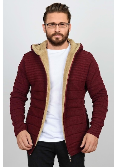 Erkek İçi Kürklü Kapüşonlu Fermuarlı Triko Hırka Bordo T743 Bordo