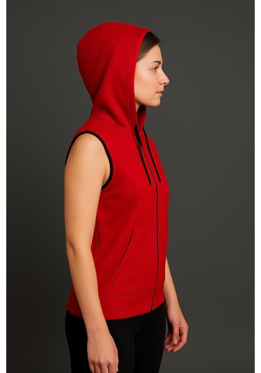 Axxel Kadın Kırmızı Fermuarlı Kapüşonlu Kanguru Cepli Kolsuz İnterlok Yelek-y1142-k Kırmızı