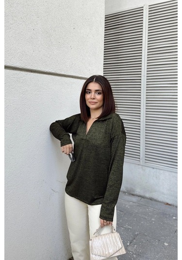 Kadın Haki Polo Yaka Basic Bluz, Uzun Kol, Regular Kesim, Günlük Ve Spor Kaliteli Kumaş Sweatshirt Yeşil