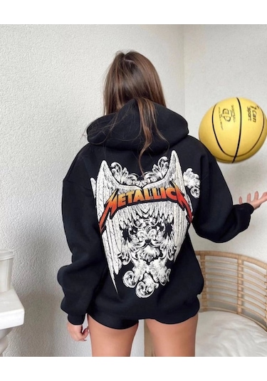 Mbb E-ticaret Kadın 2 İplik Metallıca Baskılı Kapüşonlu Hoodie Sweatshirt - Siyah