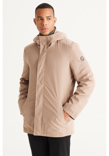 AC&Co / Altınyıldız Classics Erkek Vızon Standart Fit Normal Kesim Kapüşonlu Dik Yaka Trençkot Vizon