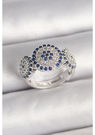 Pirinç Gümüş Renk Zirkon Taşlı Nazar Boncuk Model Ayarlanabilir Kadın Yüzük - Tj-byk3699 Çok Renkli