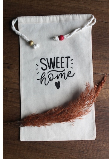 20x30cm - 2 Adet Keten Sweet Home Çok Amaçlı Kese - Saklama Torba