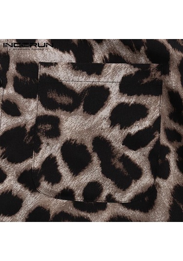 Incerun Casual Leopar Baskılı Erkek Gömlek Yaka Yaz Kısa Kollu Hawaii Gömlek Moda Baskı Üstleri Haki