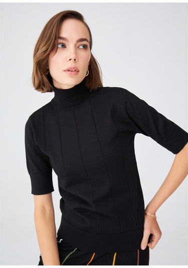 Peraluna Balıkçı Yaka Kısa Kollu Basic Kadın Triko Bluz Siyah-Siyah