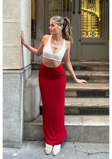 Kahverengi Maxi Basic Etek Kırmızı