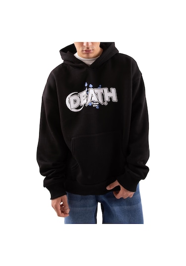 Flaw Death Baskılı Siyah Oversize Hoodie-siyah Siyah