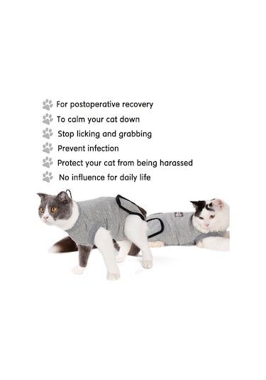 Vkemall Kedi Ameliyat Sonrası Kıyafeti - Pamuklu, Yara Korumalı, Yalama Ve Tırlama Engeli - Gri Renk S Boyutu