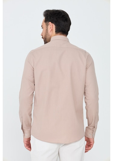 White Stone Açık Kahverengi %100 Pamuk Regular Fit Erkek Uzun Kollu Gömlek A.Kahverengi