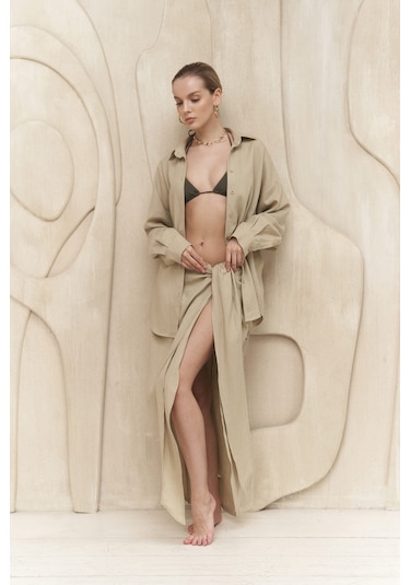 Charlotte Bej Oversize Keten Gömlek Bej