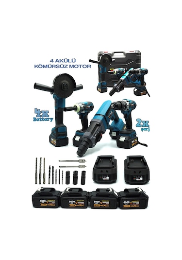 Germany Style GRM99880VFX 4'lü Set 2-26 Şarjlı Kırıcı - Şarjlı Taşlama - Matkap - Somun Sıkma Seti