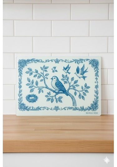 Cam Kesme Tahtası Sofra & Mutfak Kesme Tahtası Sunum Tahtası Cam Doğrama Tahtası Sunumluk Beyaz - Mavi