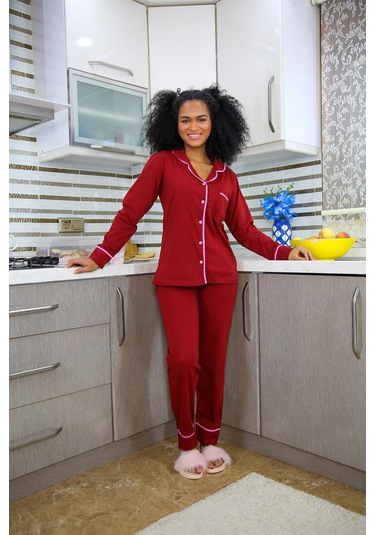 Akbeniz Kadın %100 Pamuk Penye Önden Düğmeli Uzun Kol Pijama Takım 2716 - 2XL Bordo