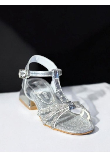 Kız Çocuk Deri Ortopedik Taşlı Topuklu Ayakkabı-15742 Gümüş