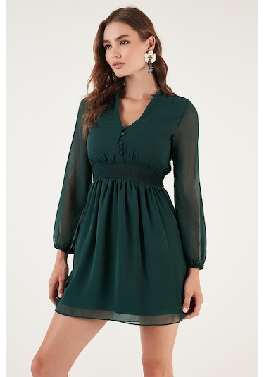 Lela V Yaka Regular Fit Gipeli Düğme Detaylı Şifon Mini Bayan Elbise 611El01433 Zümrüt