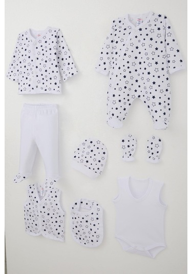 Breeze Erkek Bebek Hastane Çıkışı 8 Li Yıldız Desenli 0-3 Ay, Beyaz Beyaz