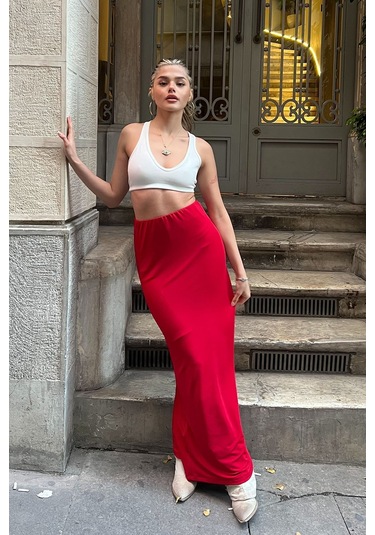 Kahverengi Maxi Basic Etek Kırmızı