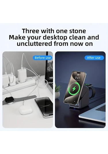 Topshop1 Gri 4ü 1 Arada Otomatik Donen Kablosuz Sarj Istasyonu Led Ekranli Masaustu Alarm Saati İphone 16 15 14 13 12 Serisi İwatch Uyumlu