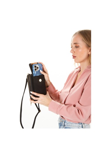 Newish Polo Kadın Siyah Süet Bella Telefonluk Cüzdan El Ve Omuz Çantası New283 Siyah