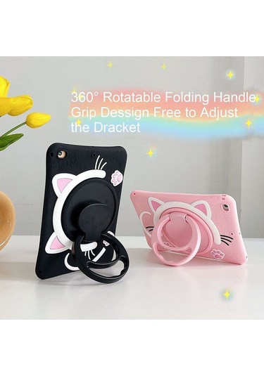 Apple Ipad 8. Ve 9. Nesil 10.2 Inç 2020 / 2021 Uyumlu Kedi Kılıf Standlı Eğlenceli Koruma Siyah