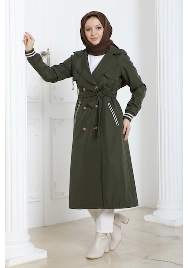 Bondit Kumaş Ribanalı Uzun Boy Trençkot / Haki - M0110 Haki