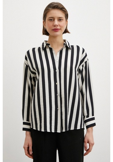 Never More Robalı Çizgili Gömlek Siyah