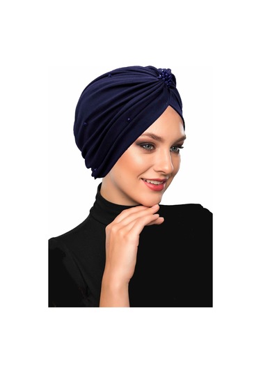 Kristal Tüllü Astarlı Lacivert Hazır Türban Tesettür Abiye Bone