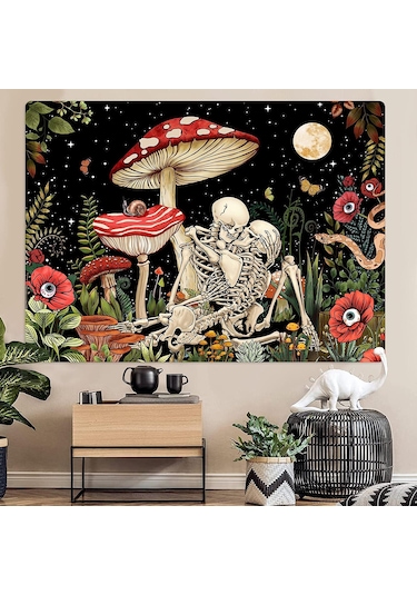Mantar Kafatası Goblen Duvar Asılı İskelet Çiçek Halılar Estetik Odası Dekor Trippy Bitki Doğa Sanat Yatak Odası Dekorasyon