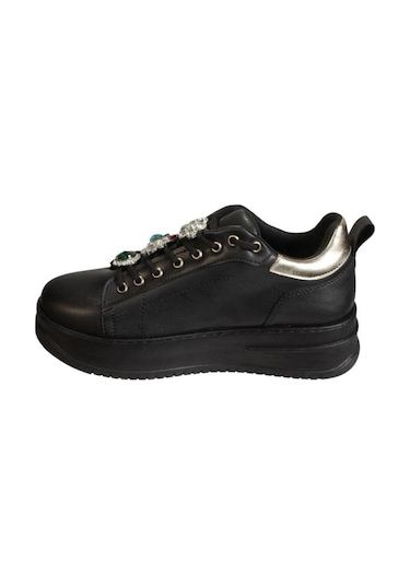 Yazkış Kadın Siyah Beyaz Cilt Bağcıkları Süs Detaylı Arkası Gold Holıhanlı 5cm Kalın Taban Fashıon 001