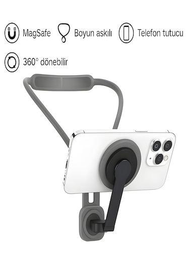 360 Ayarlanabilir N52 Mıknatıslı Magsafe Boyun Askılı Telefon Tutucu Eller Serbest Kullanım Siyah Siyah