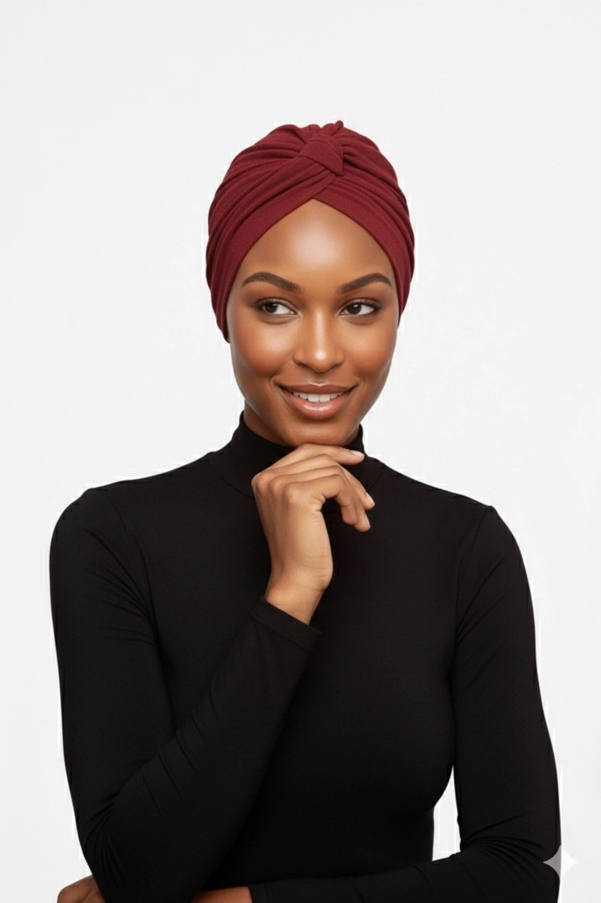 Pamuklu Bantlı Çapraz Astarlı Bordo Hazır Türban Tesettür Havuz Bonesi Bordo