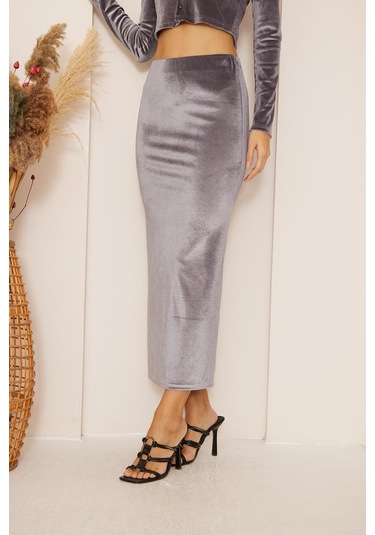 Kadın Antrasit Kadife Maxi Boy Etek Dm2026 Antrasit