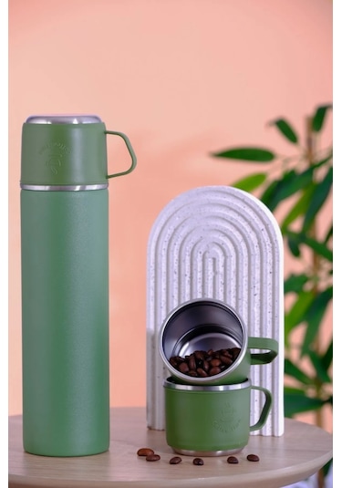 304 Paslanmaz Çelik 3 Bardaklı Termos Seti Çay Kahve Piknik Kamp Yeşil Yeşil