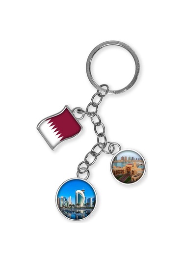 Katar Üçlü Epoksi Metal Çift Taraflı Damla Anahtarlık Qatar Gümüş