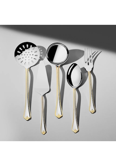 Nehir Fulya Altın Sade 5 Parça Paslanmaz Çelik Servis Takımı