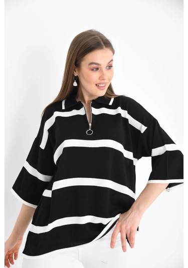Polo Yaka Fermuarlı Çizgili Salaş Mevsimlik Trko Kazak Siyah